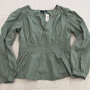 NWT Gap Sage Green Puff Sleeve Smocked Waist Blouse Top Size M